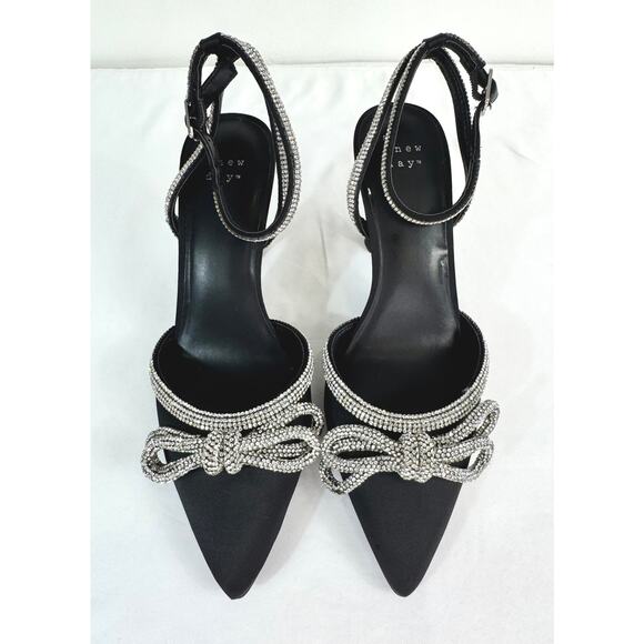 a new day Shoes - A New Day Women's Rhinestone Bow Heels Black Satin Ankle Strap Sz 6